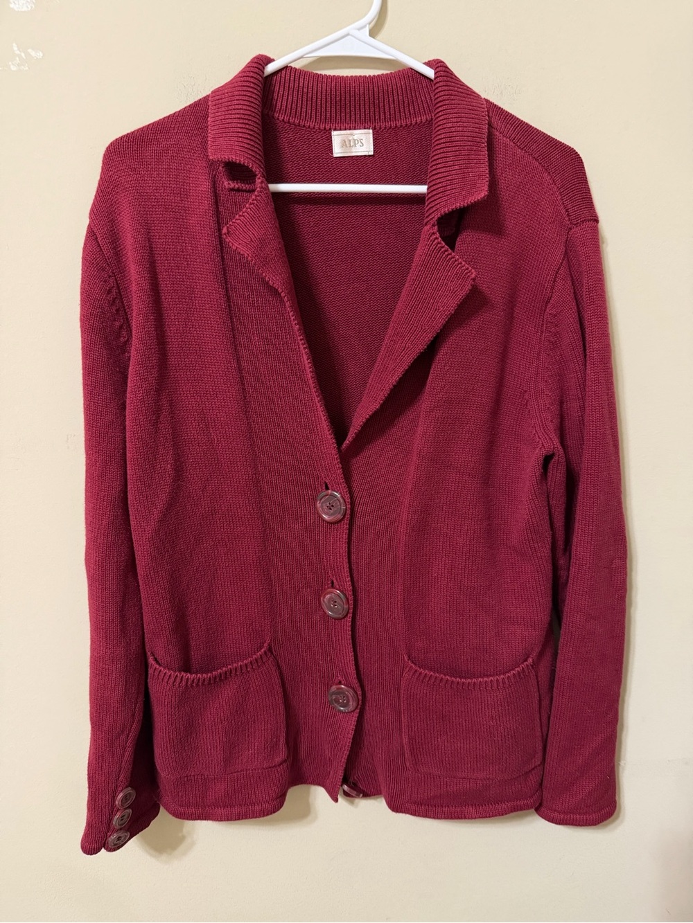 Alps large Women's Button-Front Burgundy Knit Cardigan Sweater blazer cut euc